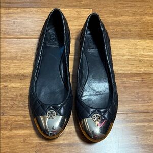 Tory Burch Black Leather Quilted Flats with Gold Toe Cap Size 11